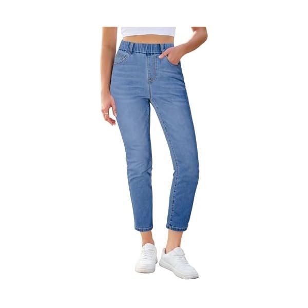 Slim Straight Leg Jeans for Women Cropped High Waisted Pull On Elastic Waist Stretchy Denim Pants Trouser Jeans