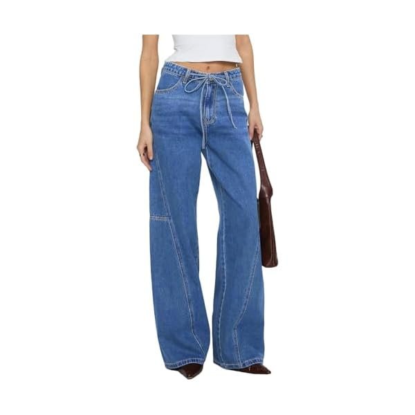 Women's Wide Leg Jeans Low Waisted Stretchy Drawstring Button Down Denim Pants