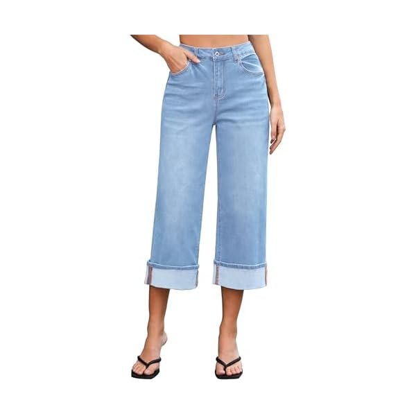 Capris Jeans for Women Wide Leg High Waisted Trendy Fold Hem Summer Casual Stretchy Denim Jean Capri Pants