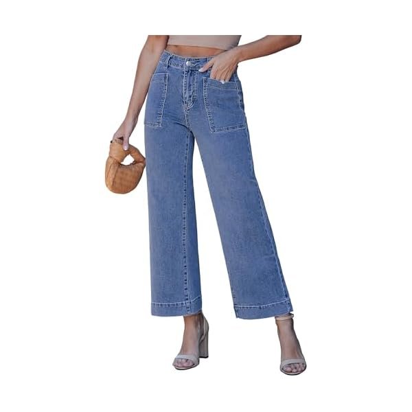 Wide Leg Jeans Woman Trendy High Waisted Patch Pocket Ankle Length Stretchy Denim Pants Casual Trouser Jeans