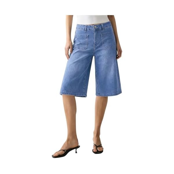 Capri Jeans for Women Wide Leg Trendy High Waisted Patch Pocket Loose Straight Casual Stretchy Denim Capri Pants