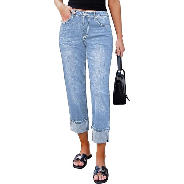 Straight Leg Jeans for Women Trendy Cropped High Waisted Cuffed Hem Stretchy Boyfriend Capri Jeans with Pockets