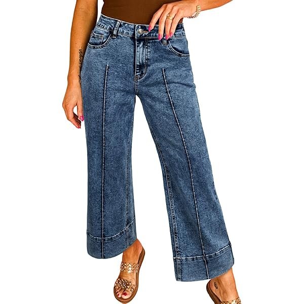 Women's 2026 Stretchy Breathable Wide Leg High Waisted Jeans Casual Cropped Ankle Denim Pants with Vertical Seams