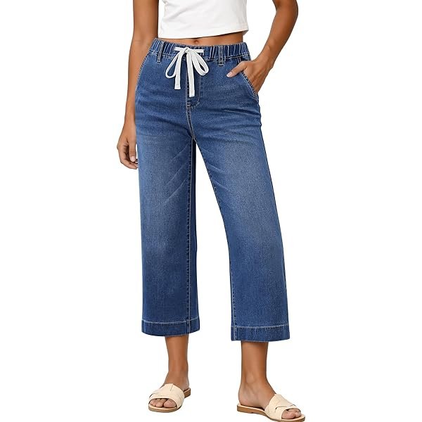 Capris Jeans for Women Trendy Wide Leg Capri Pants High Waisted Pull On Elastic Waist Summer Stretch Denim Jeans