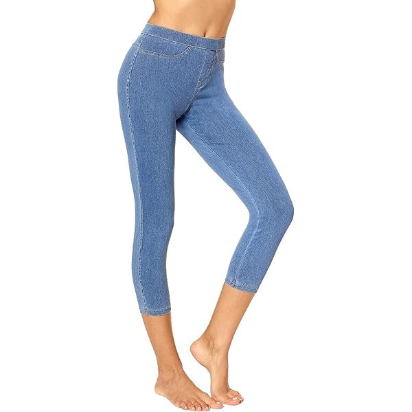Women's Classic Denim Capri Leggings with Pockets, Comfortable Stretch Pull On Pants