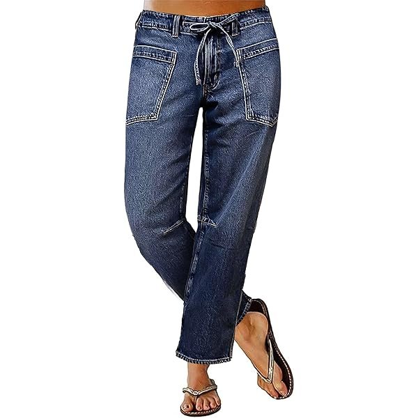 Women's Mid Waist Straight Leg Jeans Drawstring Cropped Jeans Women Stretchy