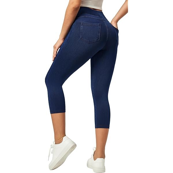 Capri Jeans for Women Stretchy Jean Capris Pull On Jeggings High Waisted Denim Capri Leggings Casual Pants with Pockets